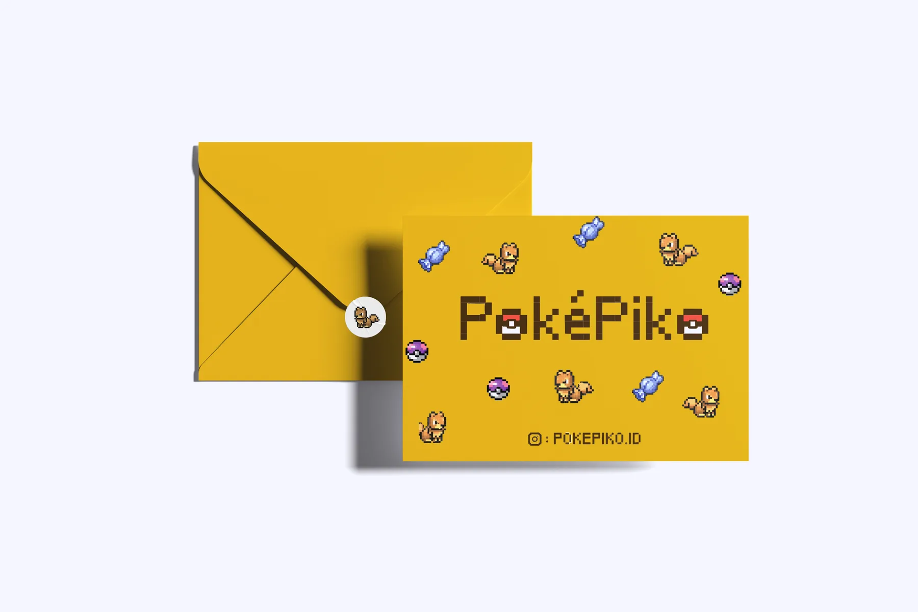 Amplop kuning Pokepiko dengan logo dan karakter pixel